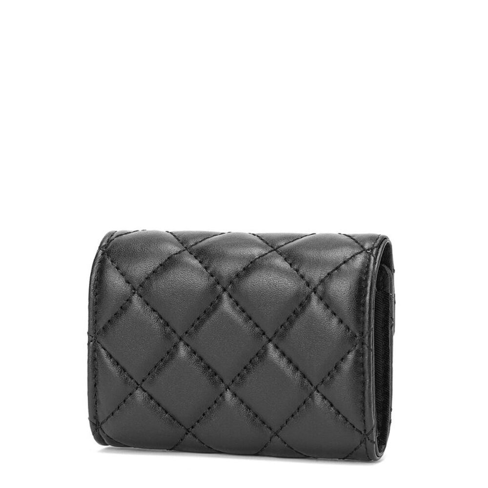 Quilted Black Leather Compact Wallet with Floral Snap - Picture 2 of 3